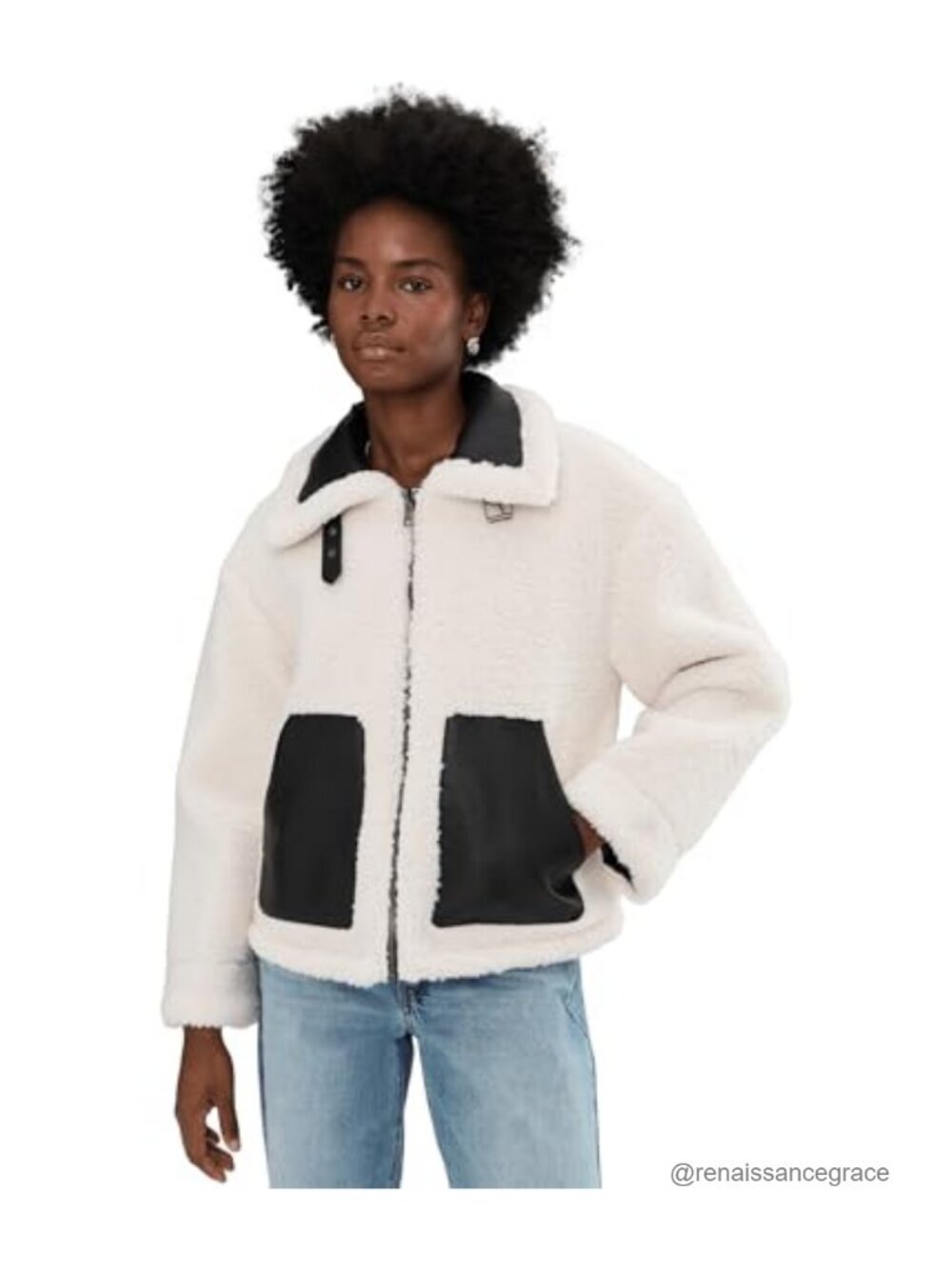 Reversible Sherpa Faux Leather Jacket Notch Notch Zip Front Two Pockets